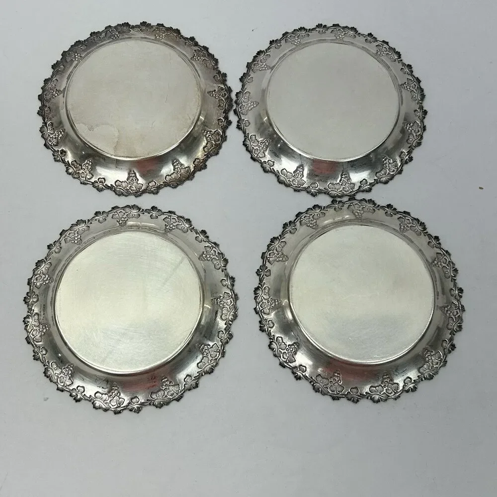 Silver Plated Beverage Coaster Set Of 4 Grapes Ornate Decor Drinks Trinket Bar